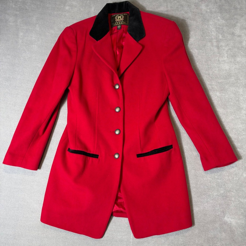 Vintage Express Red Wool Cashmere Blend Velvet Trim Longline Coat Womens Small